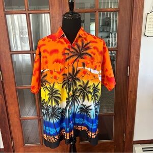 Happy Bay XXL Hawaiian Shirt Sunset Orange Blue Red Surf Palms Luau Beach